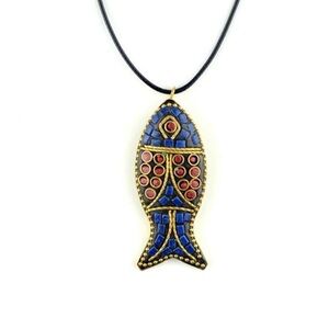 Nepalese Artistic Blue and Red Fish Pendant Necklace for Pets Fish